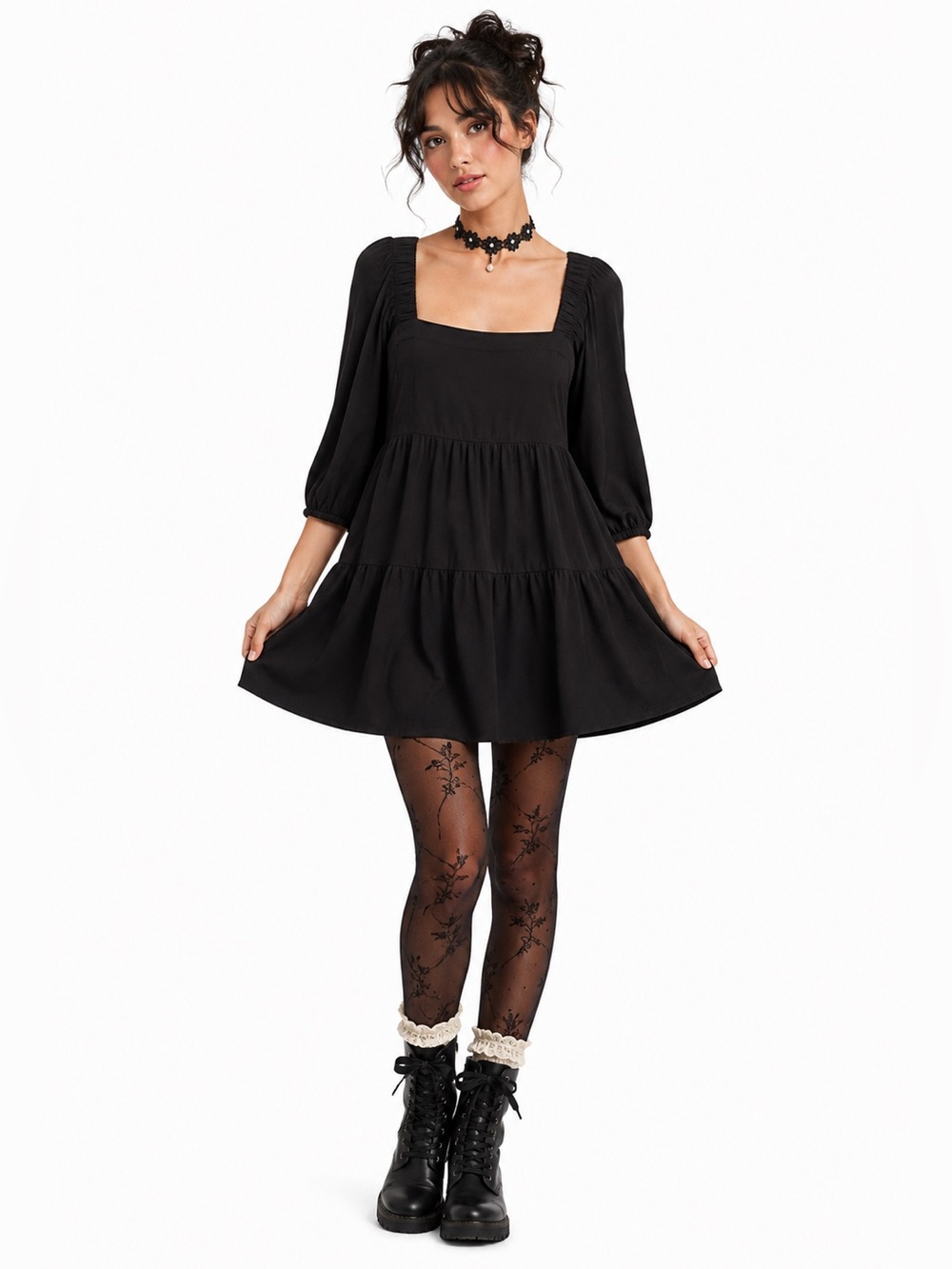 Shinestar Black Babydoll Dress Whimsigoth Puff Sleeve Mini M